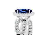 White gold Oval Cut Blue Sapphire Halo Ring with Round Split Shank and Prong Setting_77