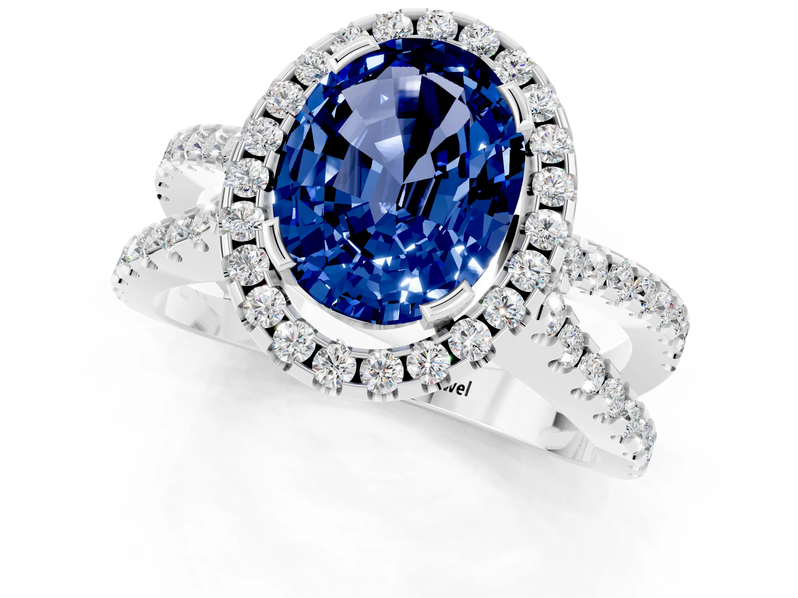 White gold Oval Cut Blue Sapphire Halo Ring with Split Shank Pavé Band and Prong Setting_1