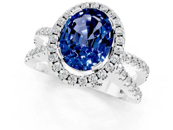 White gold Oval Cut Blue Sapphire Halo Ring with Split Shank Pavé Band and Prong Setting