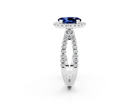 White gold Oval Cut Blue Sapphire Halo Ring with Split Shank Pavé Band and Prong Setting_2