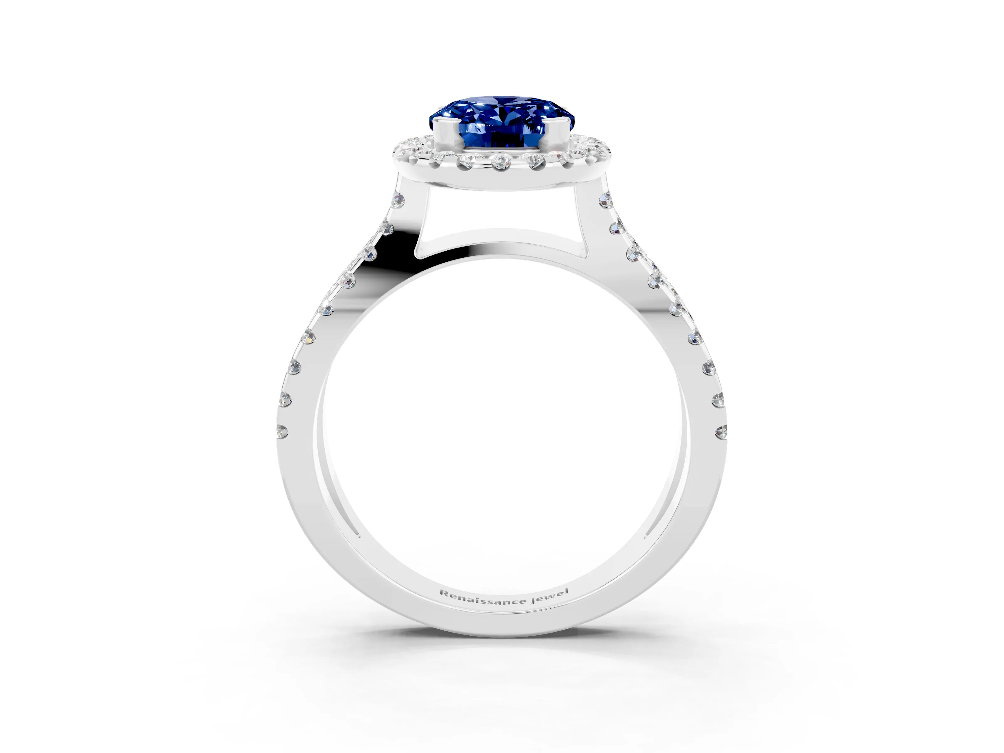 White gold Oval Cut Blue Sapphire Halo Ring with Split Shank Pavé Band and Prong Setting_3