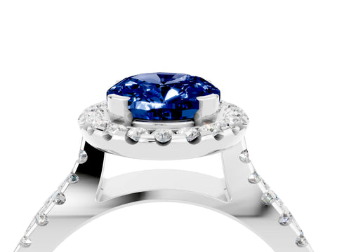 White gold Oval Cut Blue Sapphire Halo Ring with Split Shank Pavé Band and Prong Setting_4