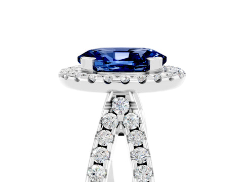 White gold Oval Cut Blue Sapphire Halo Ring with Split Shank Pavé Band and Prong Setting_5