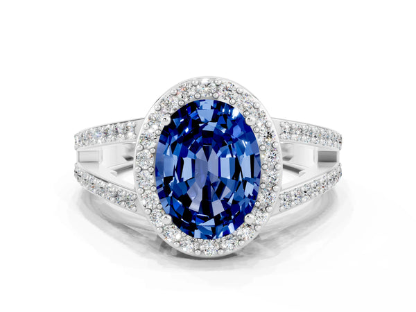 Platinum Oval Cut Blue Sapphire Halo Ring with Split Shank U-Prong Band and Four-Prong Setting