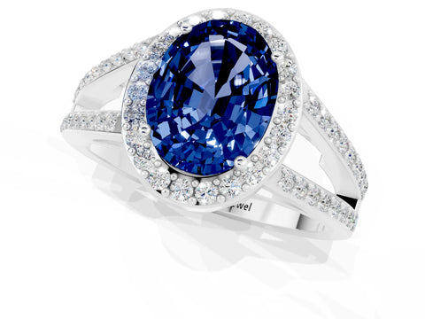 White gold Oval Cut Blue Sapphire Halo Ring with Split Shank U-Prong Band and Four-Prong Setting_1