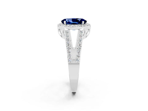 White gold Oval Cut Blue Sapphire Halo Ring with Split Shank U-Prong Band and Four-Prong Setting_2