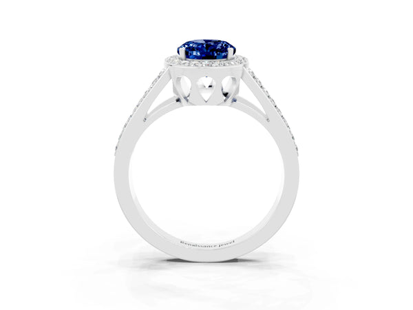 Platinum Oval Cut Blue Sapphire Halo Ring with Split Shank U-Prong Band and Four-Prong Setting