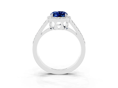 White gold Oval Cut Blue Sapphire Halo Ring with Split Shank U-Prong Band and Four-Prong Setting_3