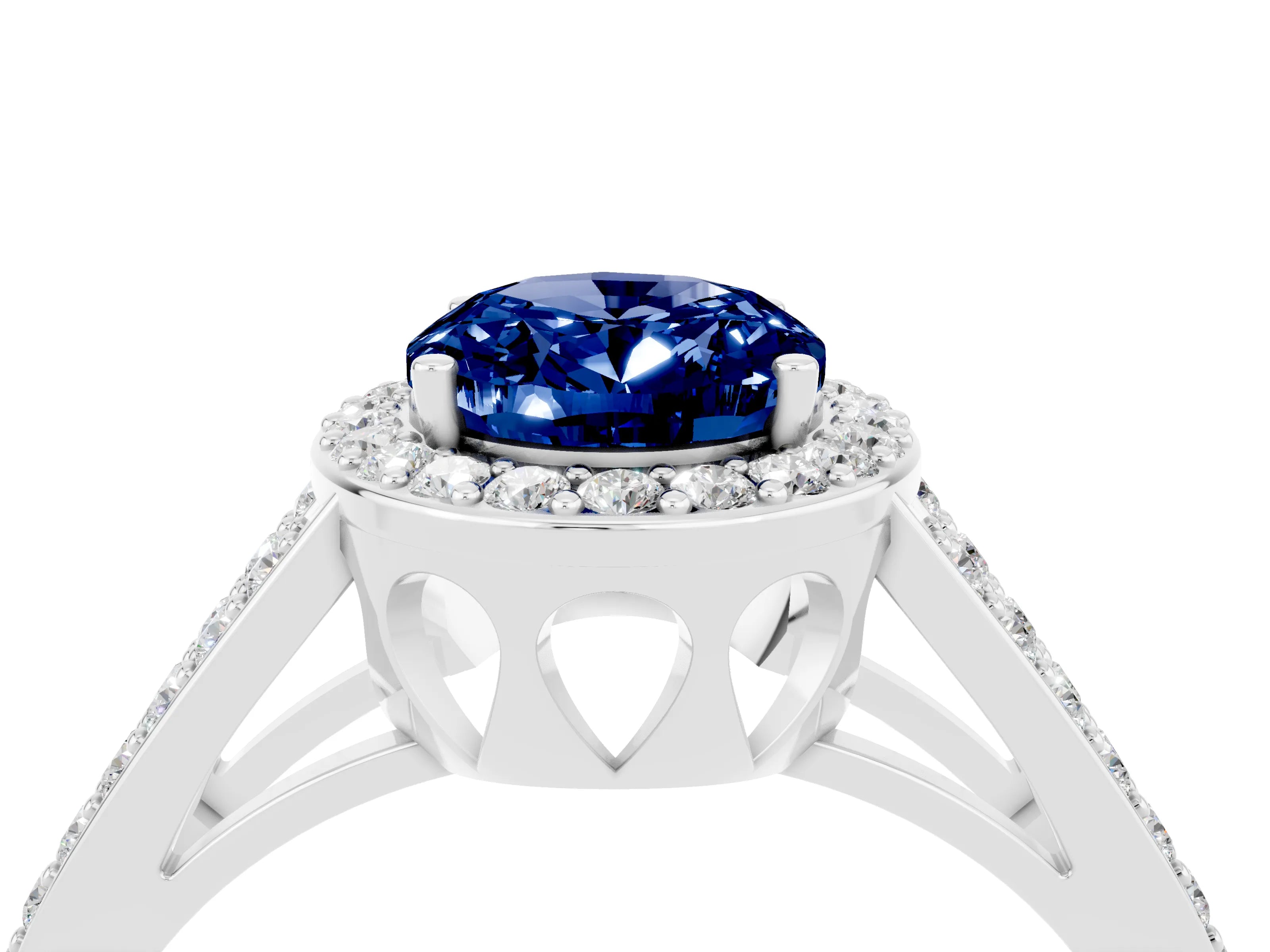White gold Oval Cut Blue Sapphire Halo Ring with Split Shank U-Prong Band and Four-Prong Setting_4