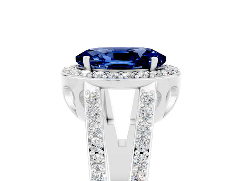 White gold Oval Cut Blue Sapphire Halo Ring with Split Shank U-Prong Band and Four-Prong Setting_5