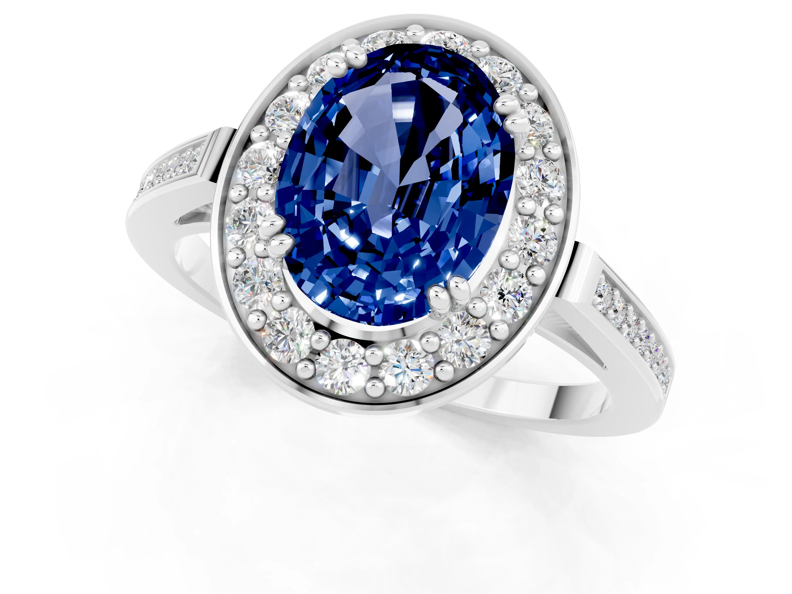 White gold Oval Cut Blue Sapphire Halo Ring with Split Shank and Four-Prong Setting_1