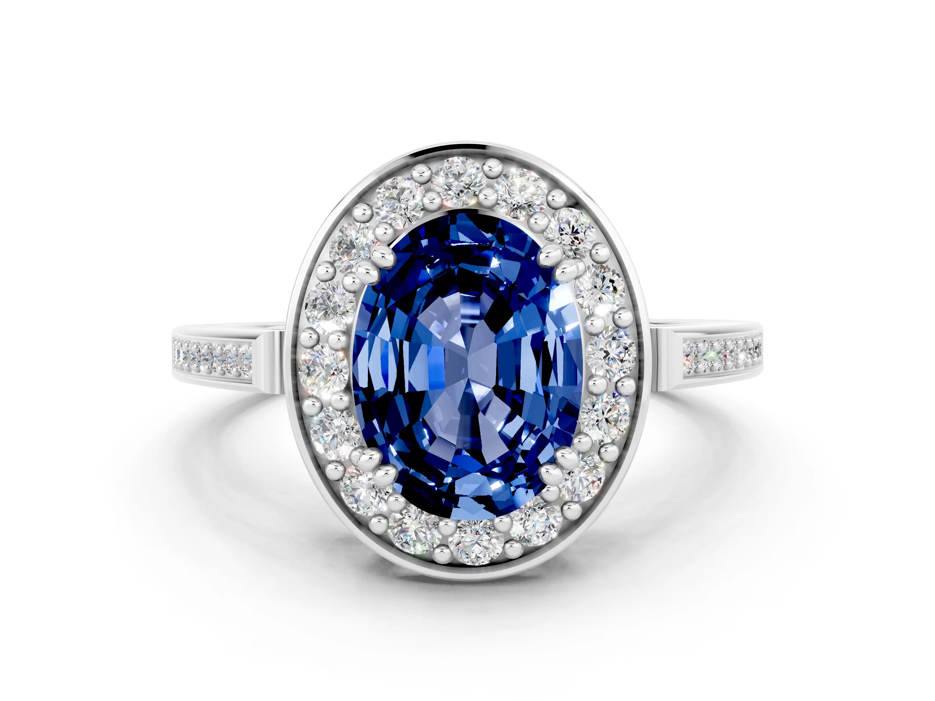 White gold Oval Cut Blue Sapphire Halo Ring with Split Shank and Four-Prong Setting_12