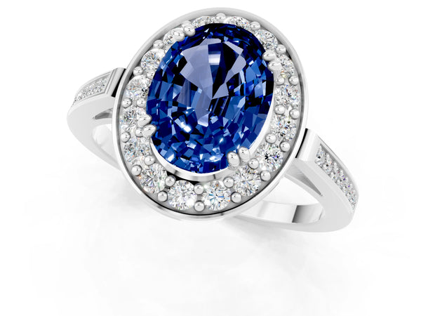White gold Oval Cut Blue Sapphire Halo Ring with Split Shank and Four-Prong Setting