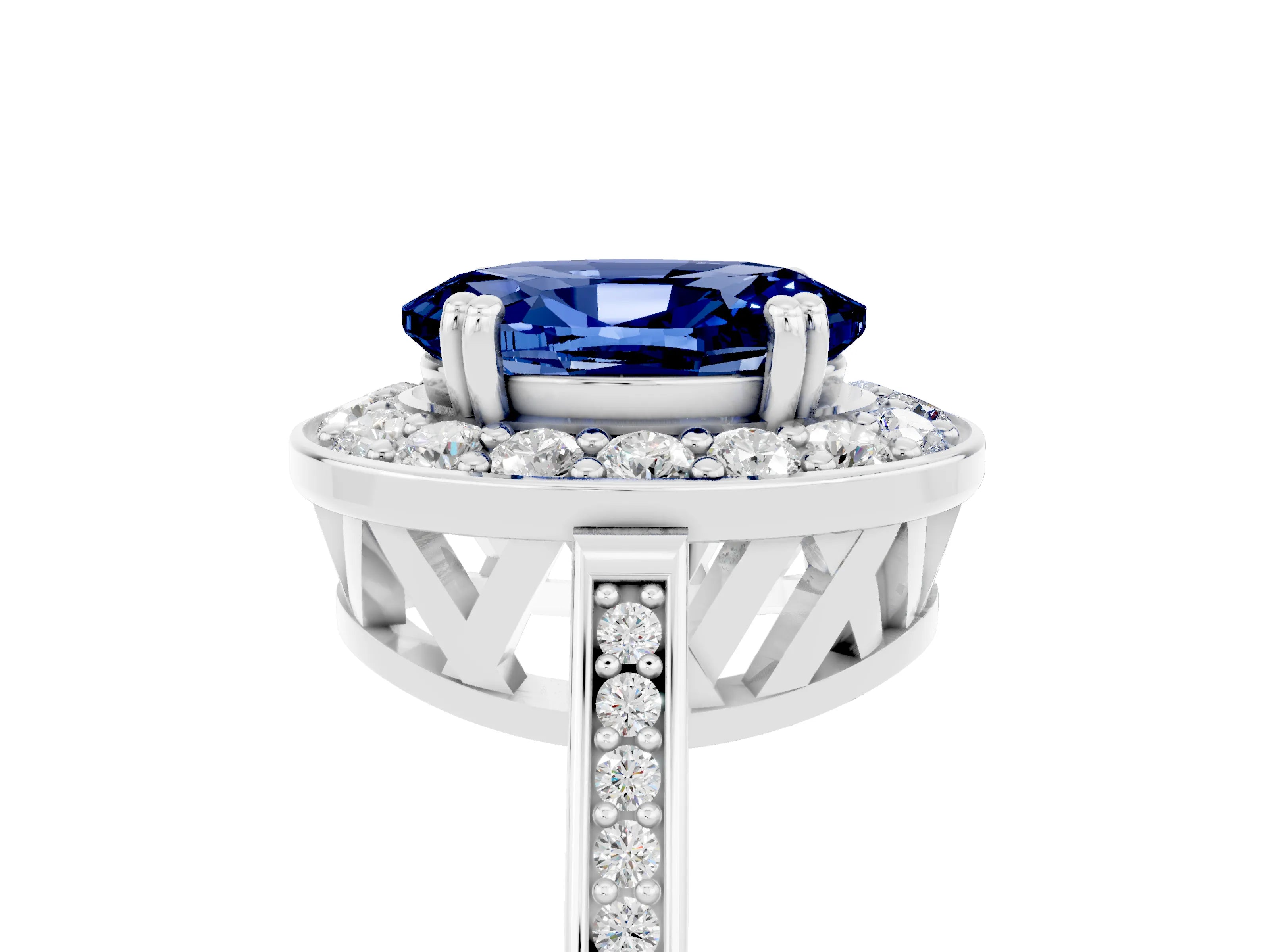 White gold Oval Cut Blue Sapphire Halo Ring with Split Shank and Four-Prong Setting_17