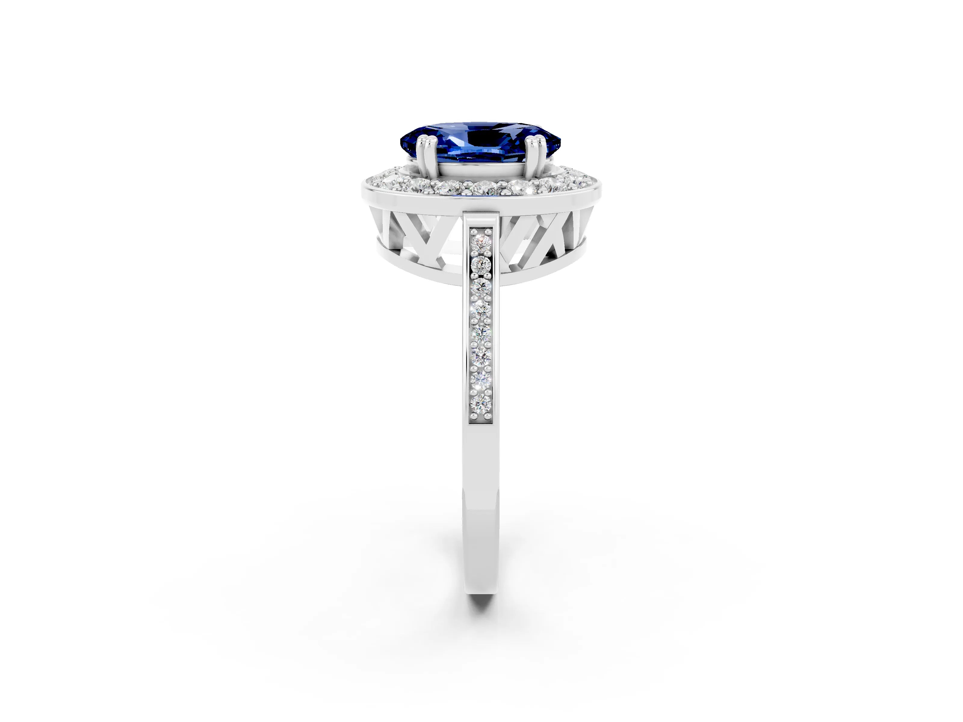 White gold Oval Cut Blue Sapphire Halo Ring with Split Shank and Four-Prong Setting_2
