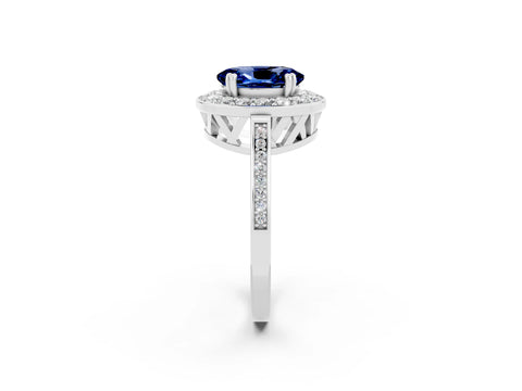 White gold Oval Cut Blue Sapphire Halo Ring with Split Shank and Four-Prong Setting_2