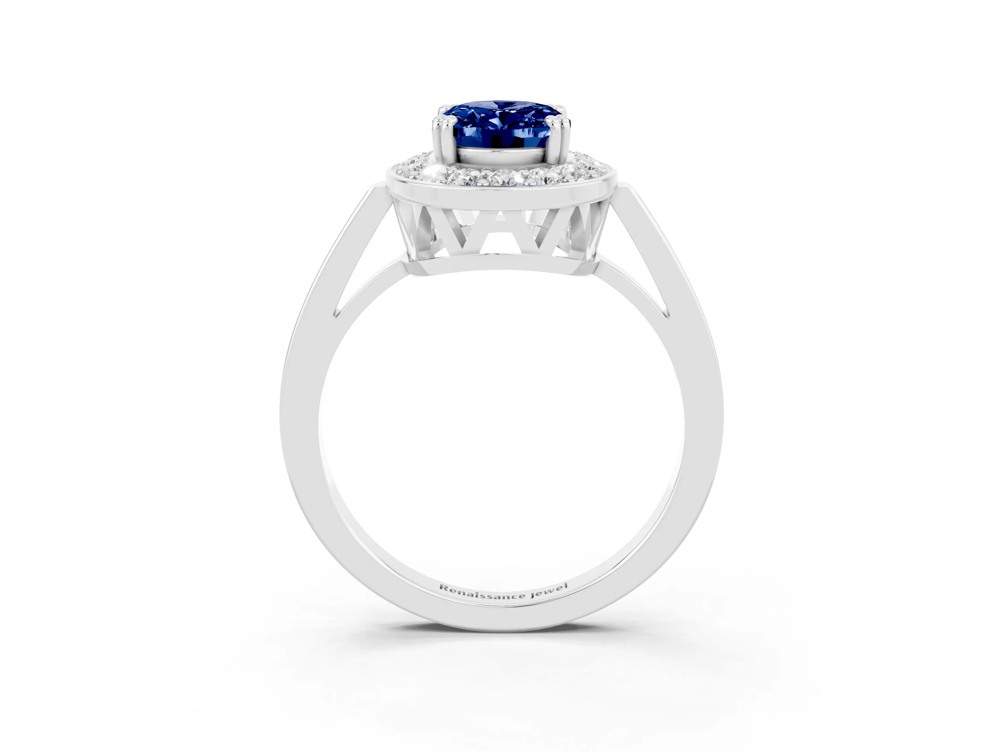 White gold Oval Cut Blue Sapphire Halo Ring with Split Shank and Four-Prong Setting_3