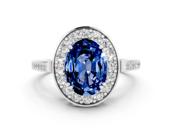 Silver Oval Cut Blue Sapphire Halo Ring with Split Shank and Four-Prong Setting