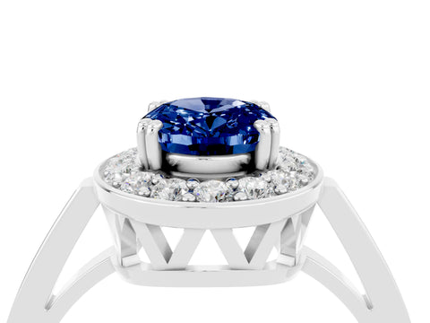 White gold Oval Cut Blue Sapphire Halo Ring with Split Shank and Four-Prong Setting_4