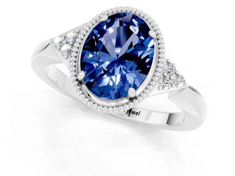White gold Oval Cut Blue Sapphire Halo Ring with Tapered Band and Four-Prong Setting_1