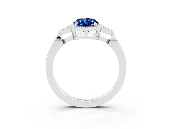 White gold Oval Cut Blue Sapphire Halo Ring with Tapered Band and Four-Prong Setting