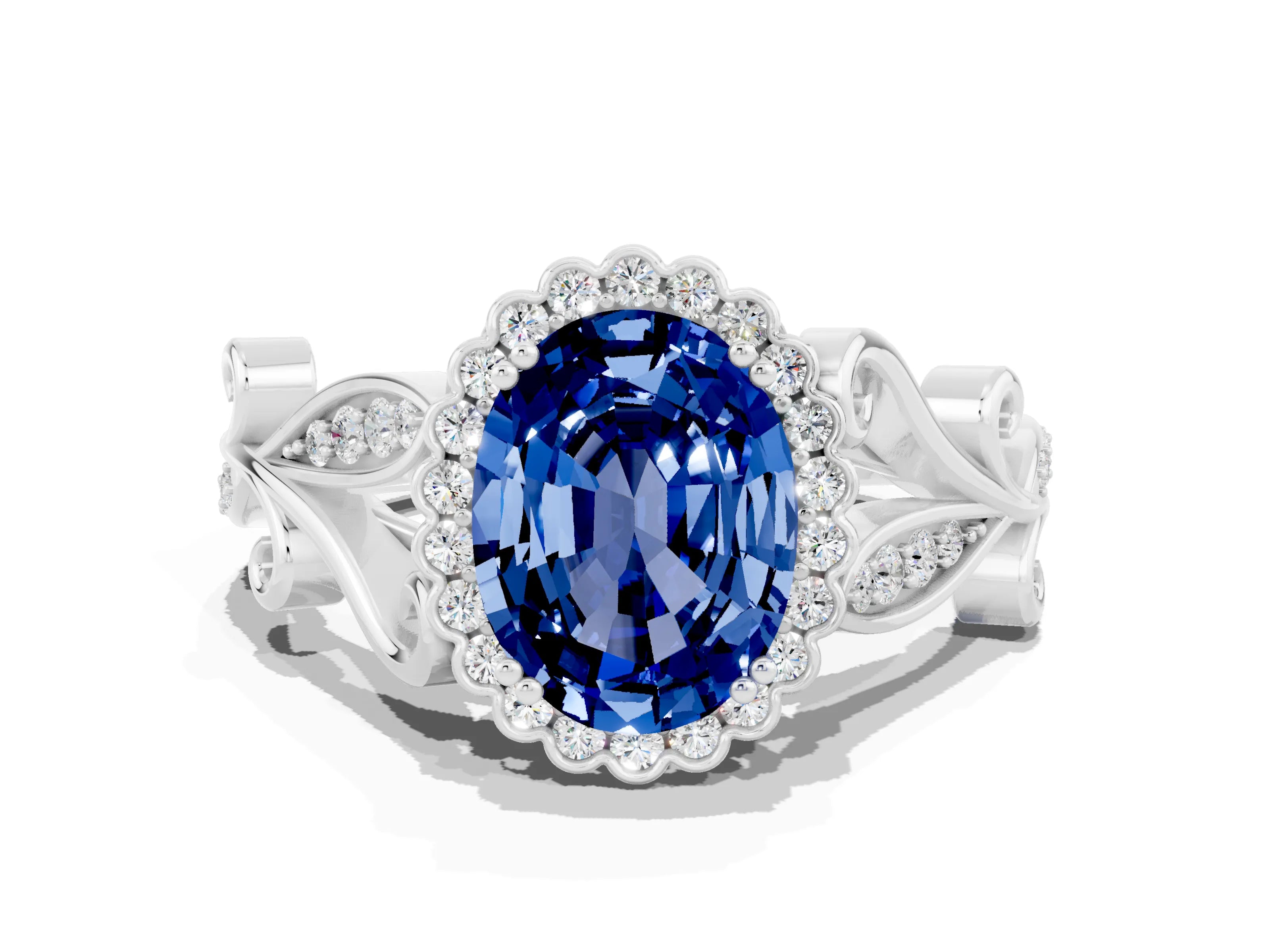 White gold Oval Cut Blue Sapphire Halo Ring with Vintage Split Shank and Four-Prong Setting_24