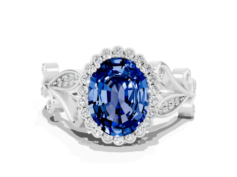White gold Oval Cut Blue Sapphire Halo Ring with Vintage Split Shank and Four-Prong Setting_24
