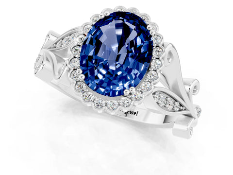 White gold Oval Cut Blue Sapphire Halo Ring with Vintage Split Shank and Four-Prong Setting_25