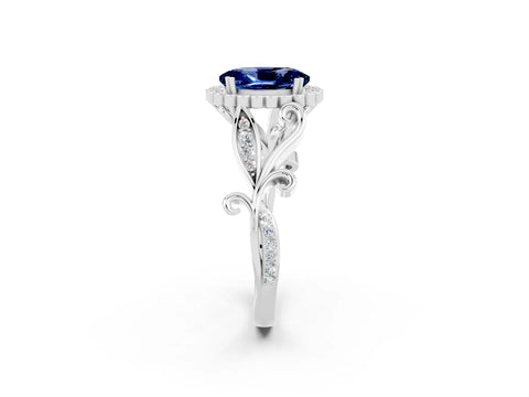 White gold Oval Cut Blue Sapphire Halo Ring with Vintage Split Shank and Four-Prong Setting_26