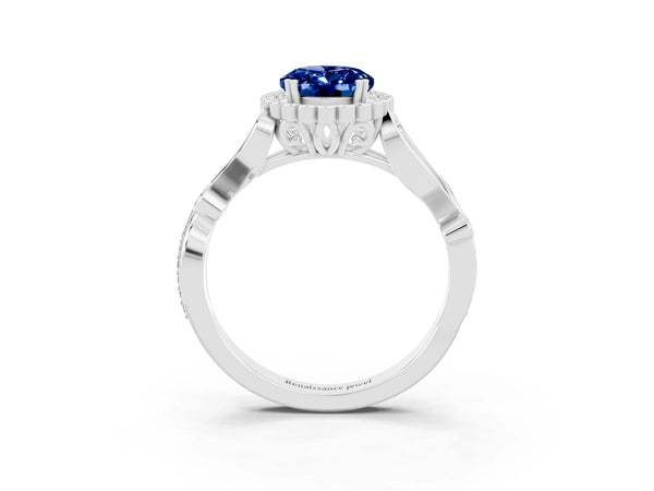 Silver Oval Cut Blue Sapphire Halo Ring with Vintage Split Shank and Four-Prong Setting