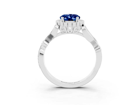 White gold Oval Cut Blue Sapphire Halo Ring with Vintage Split Shank and Four-Prong Setting_27