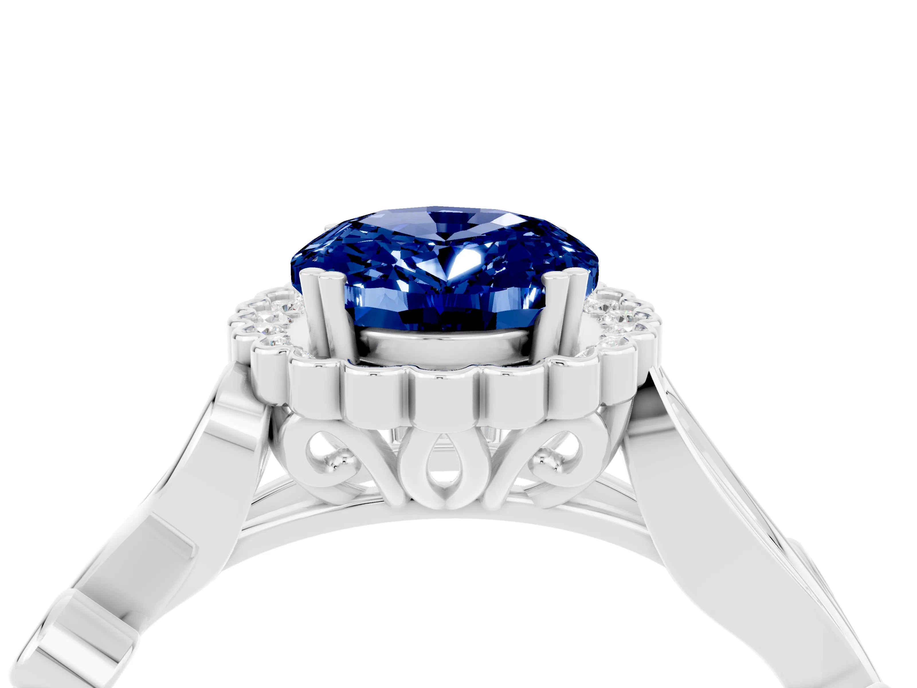 White gold Oval Cut Blue Sapphire Halo Ring with Vintage Split Shank and Four-Prong Setting_28