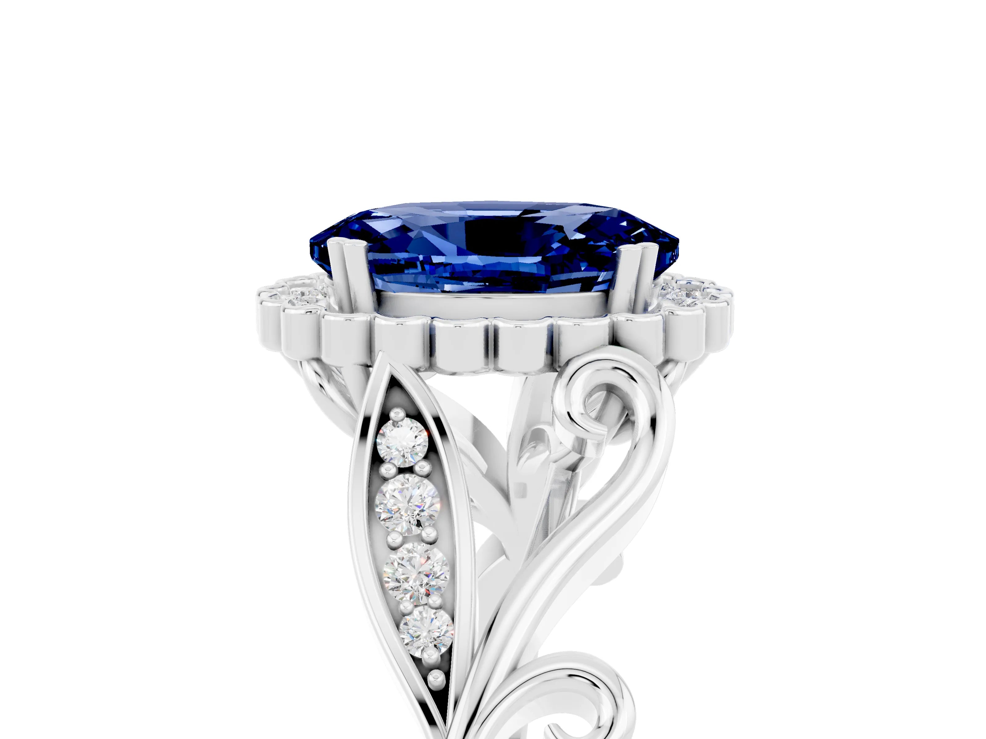 White gold Oval Cut Blue Sapphire Halo Ring with Vintage Split Shank and Four-Prong Setting_29