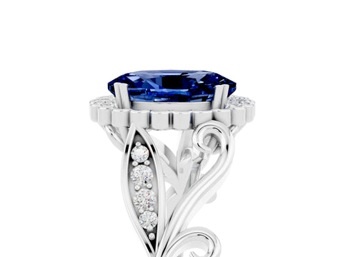 White gold Oval Cut Blue Sapphire Halo Ring with Vintage Split Shank and Four-Prong Setting_29