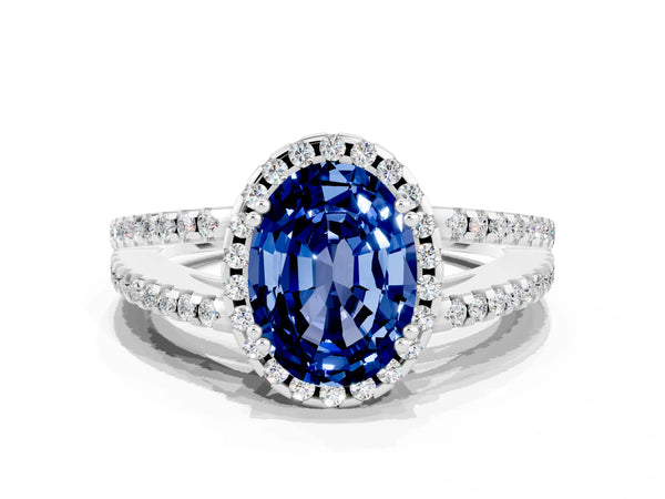 White gold Oval Cut Blue Sapphire Halo Split Shank Engagement Ring