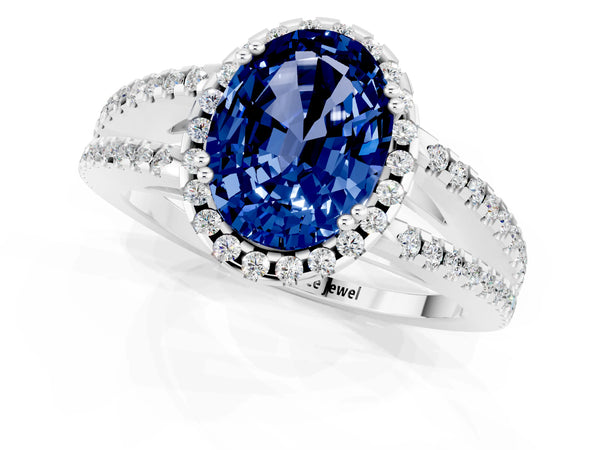 Platinum Oval Cut Blue Sapphire Halo Split Shank Engagement Ring