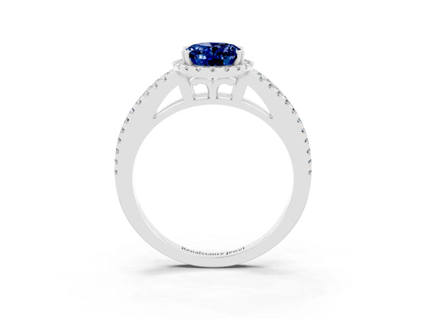 Silver Oval Cut Blue Sapphire Halo Split Shank Engagement Ring