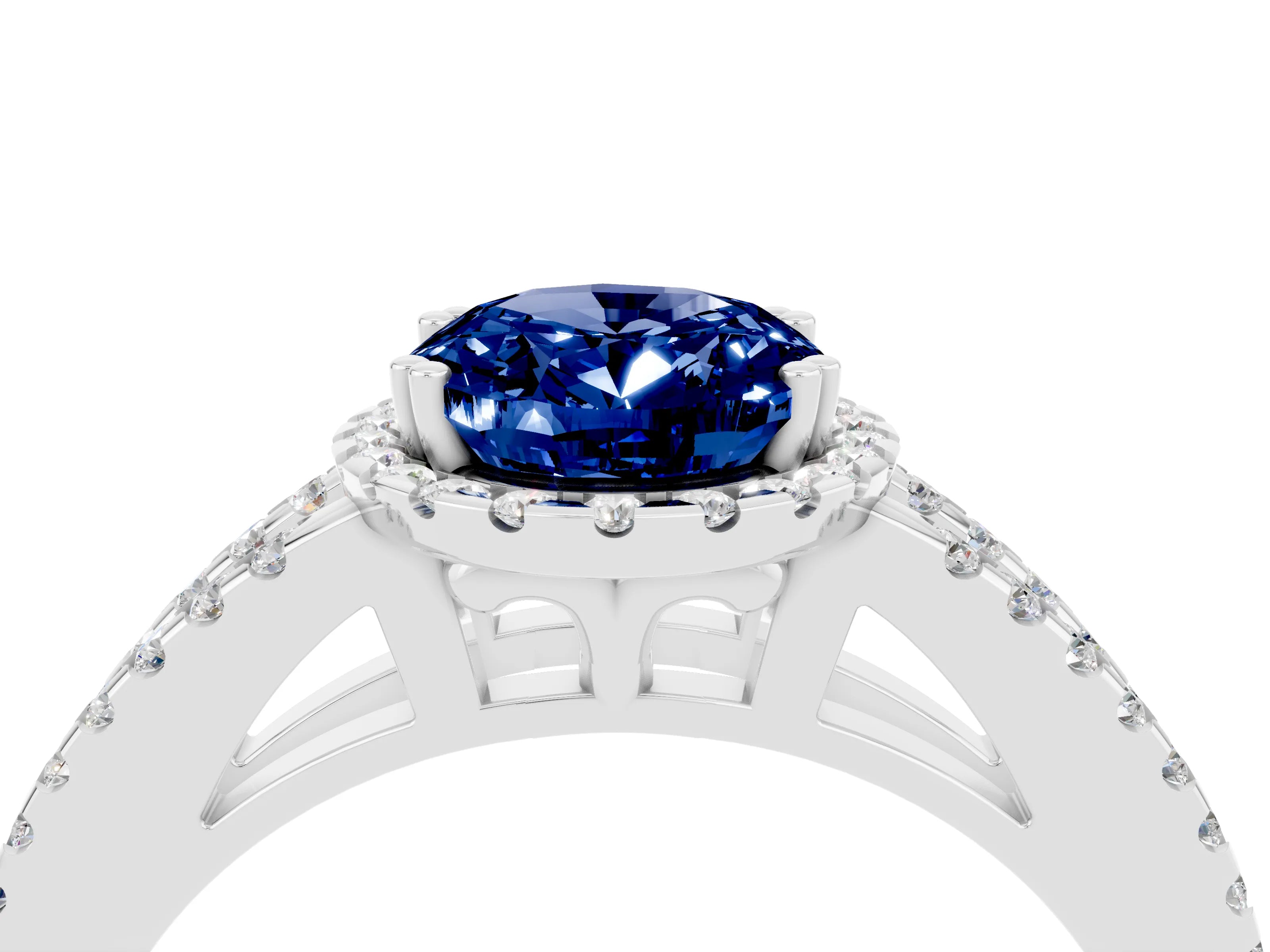 White gold Oval Cut Blue Sapphire Halo Split Shank Engagement Ring_16