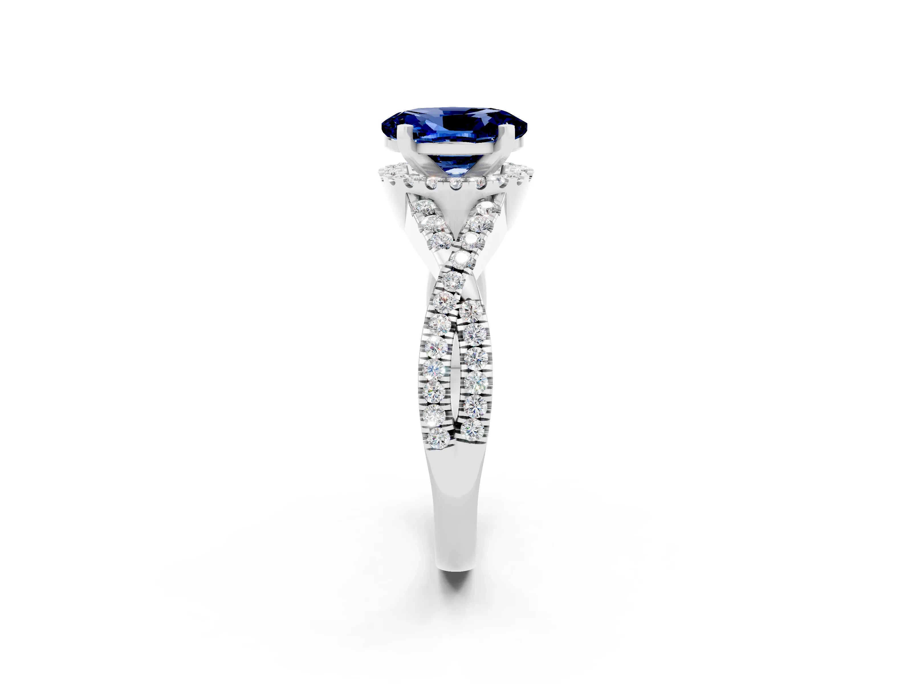 White gold Oval Cut Blue Sapphire Halo Twist Band Solitaire Prong Setting Ring_2