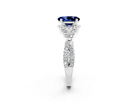 White gold Oval Cut Blue Sapphire Halo Twist Band Solitaire Prong Setting Ring_2