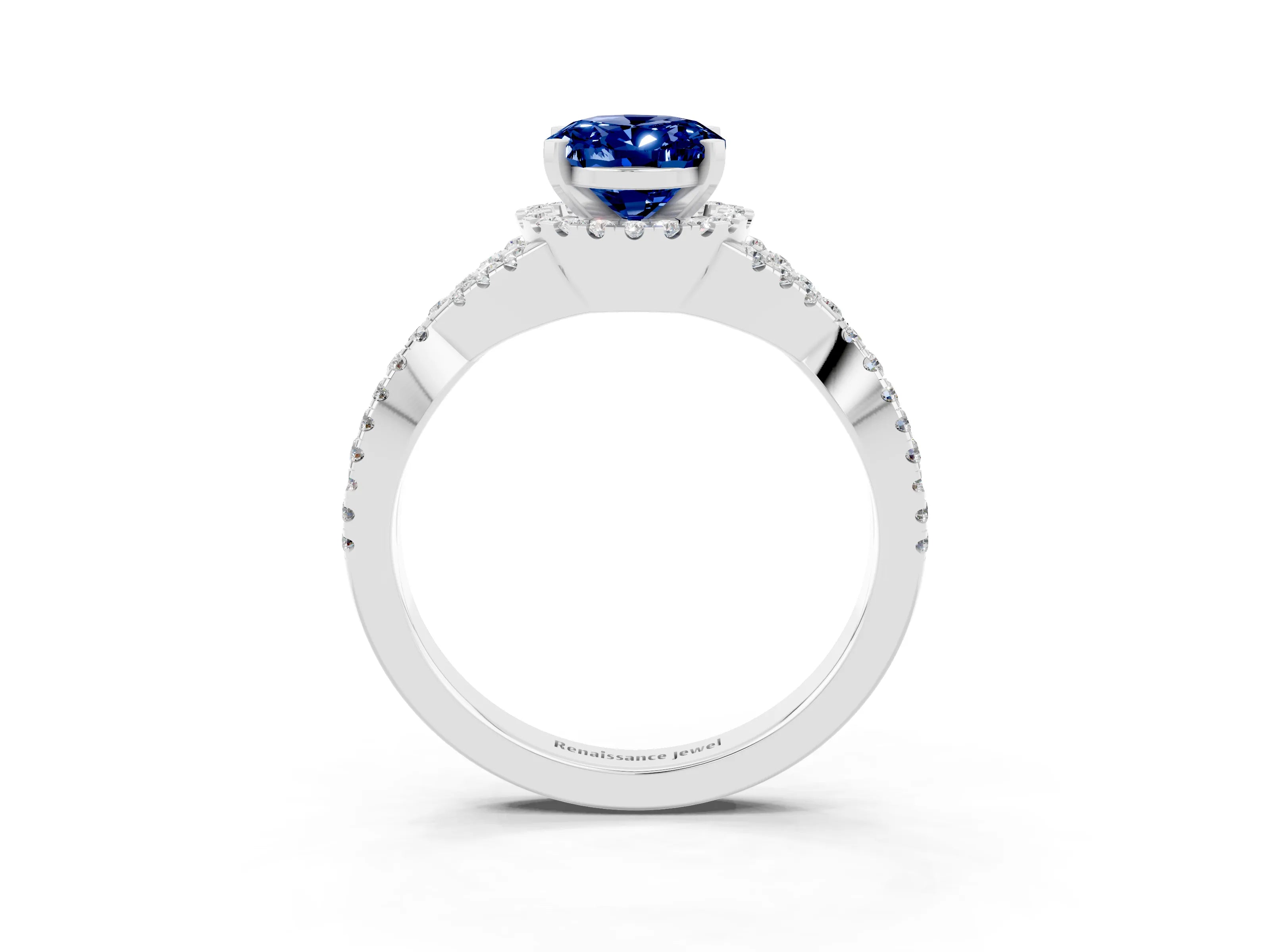 White gold Oval Cut Blue Sapphire Halo Twist Band Solitaire Prong Setting Ring_3