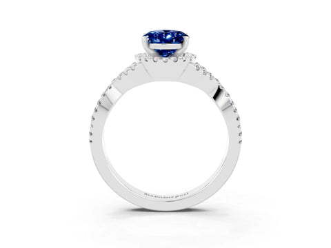 White gold Oval Cut Blue Sapphire Halo Twist Band Solitaire Prong Setting Ring_3