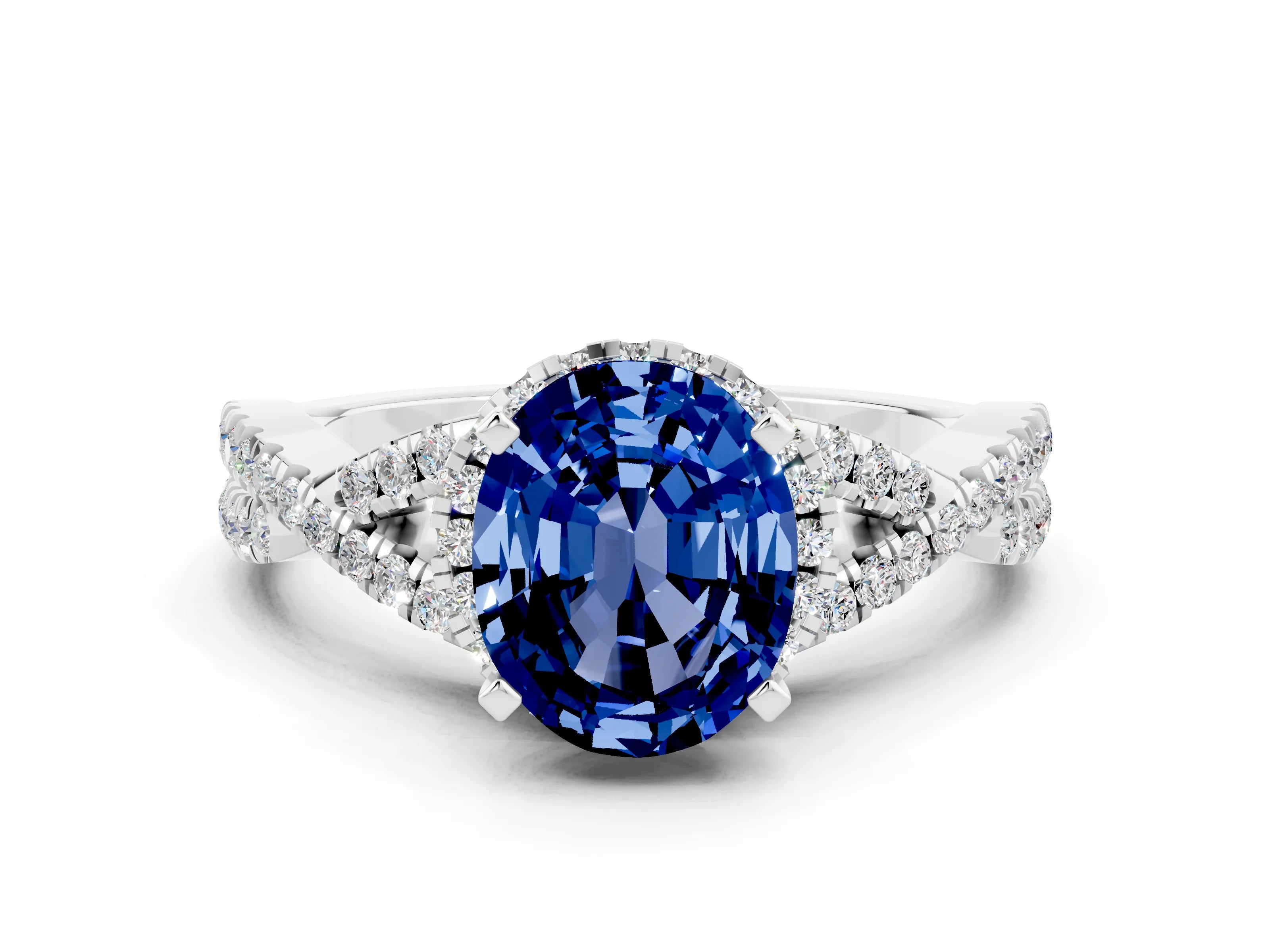 White gold Oval Cut Blue Sapphire Halo Twist Band Solitaire Prong Setting Ring