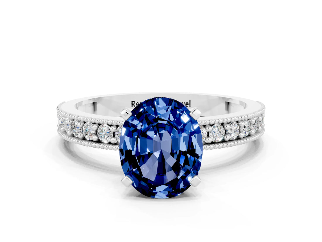 White gold Oval Cut Blue Sapphire Milgrain Pavé Engagement Ring with Four-Prong Setting_12