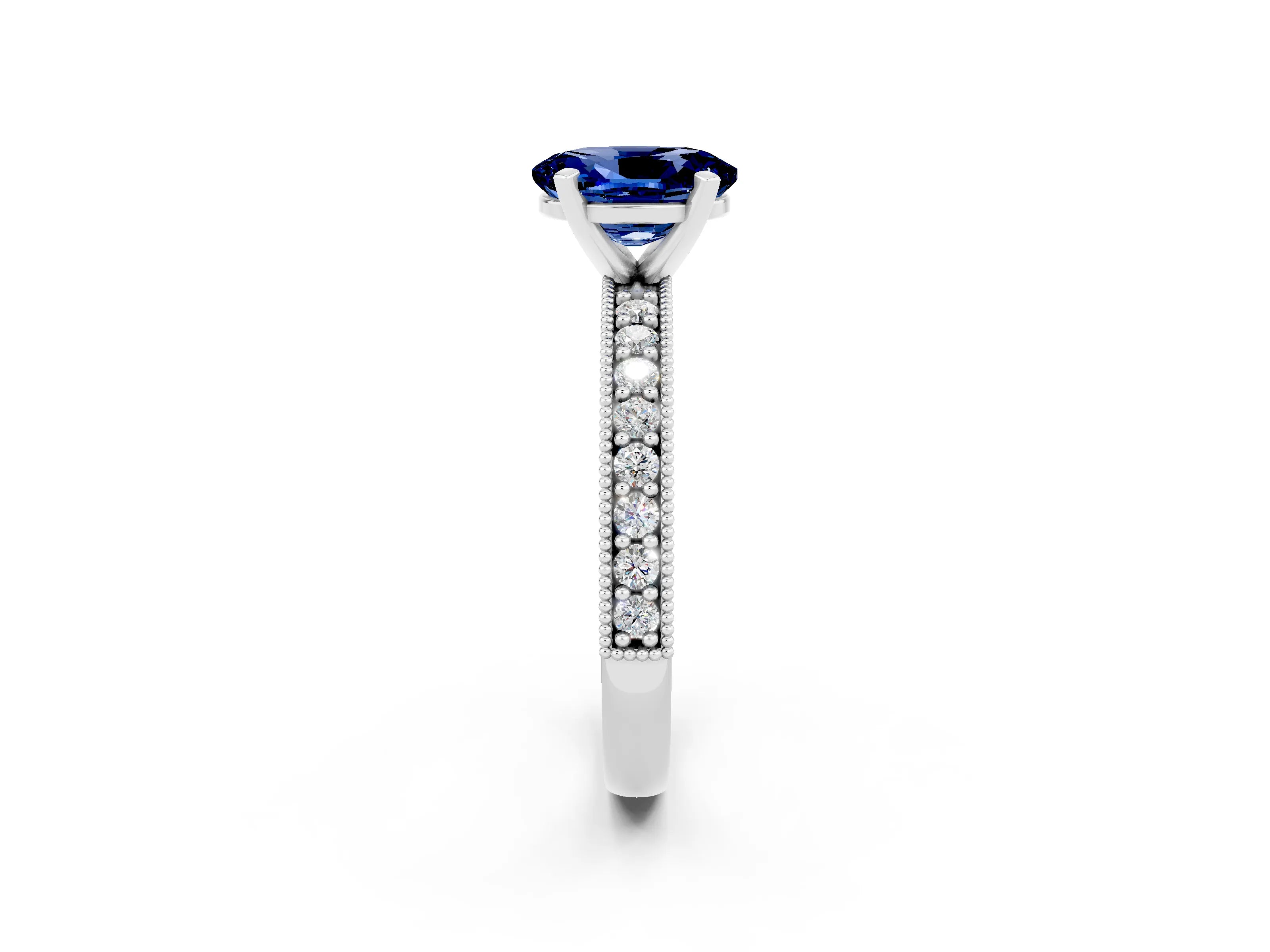 White gold Oval Cut Blue Sapphire Milgrain Pavé Engagement Ring with Four-Prong Setting_14