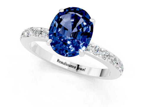 White gold Oval Cut Blue Sapphire Pavé Engagement Ring with Round  Accents and Prong Setting_25