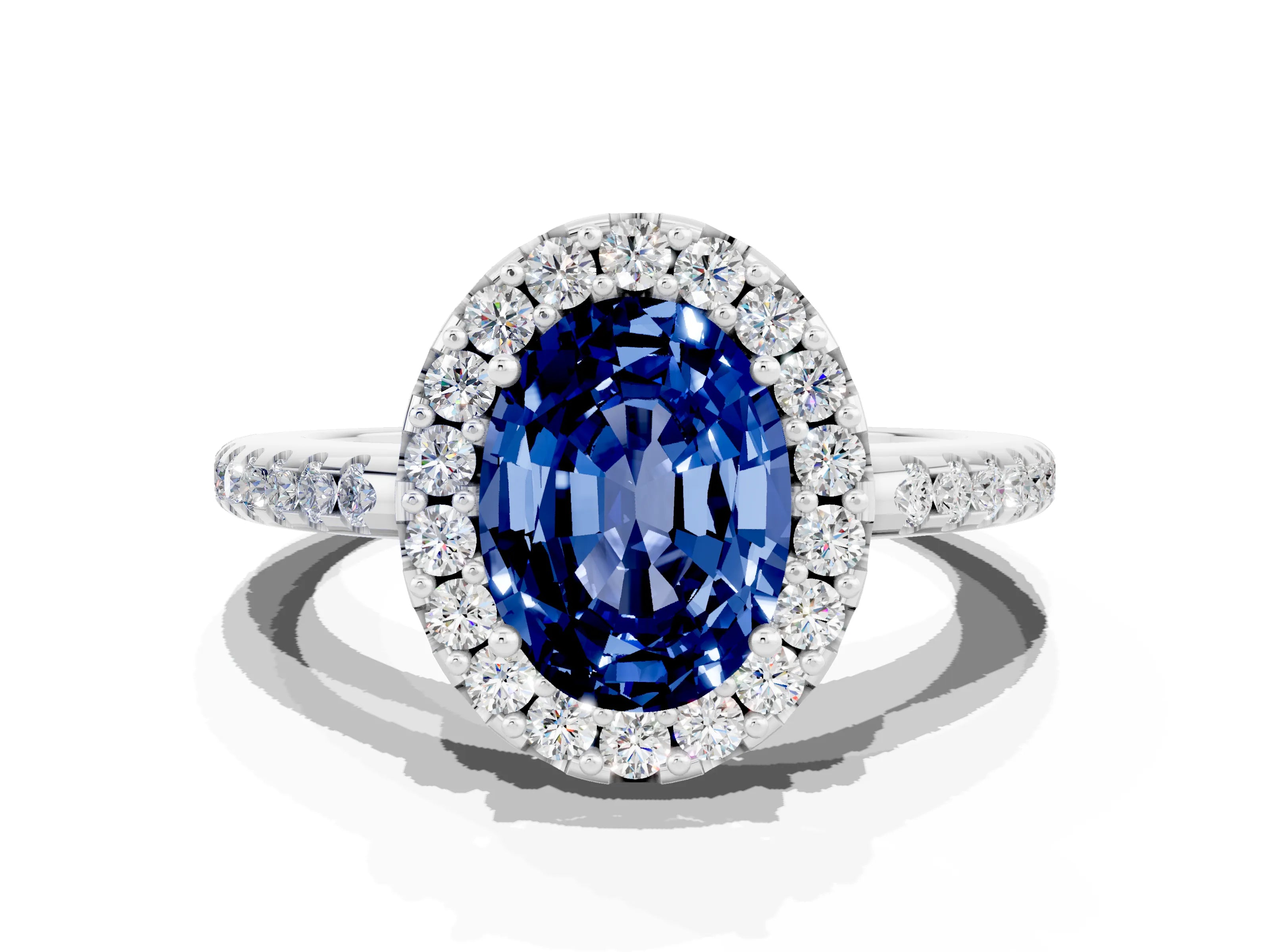 White gold Oval Cut Blue Sapphire Pavé Halo Ring with Four-Prong Setting_12