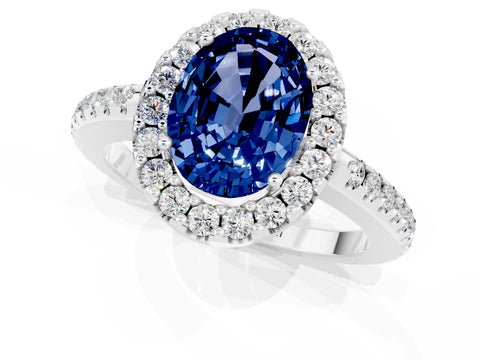 White gold Oval Cut Blue Sapphire Pavé Halo Ring with Four-Prong Setting_13