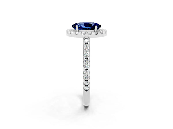 White gold Oval Cut Blue Sapphire Pavé Halo Ring with Four-Prong Setting