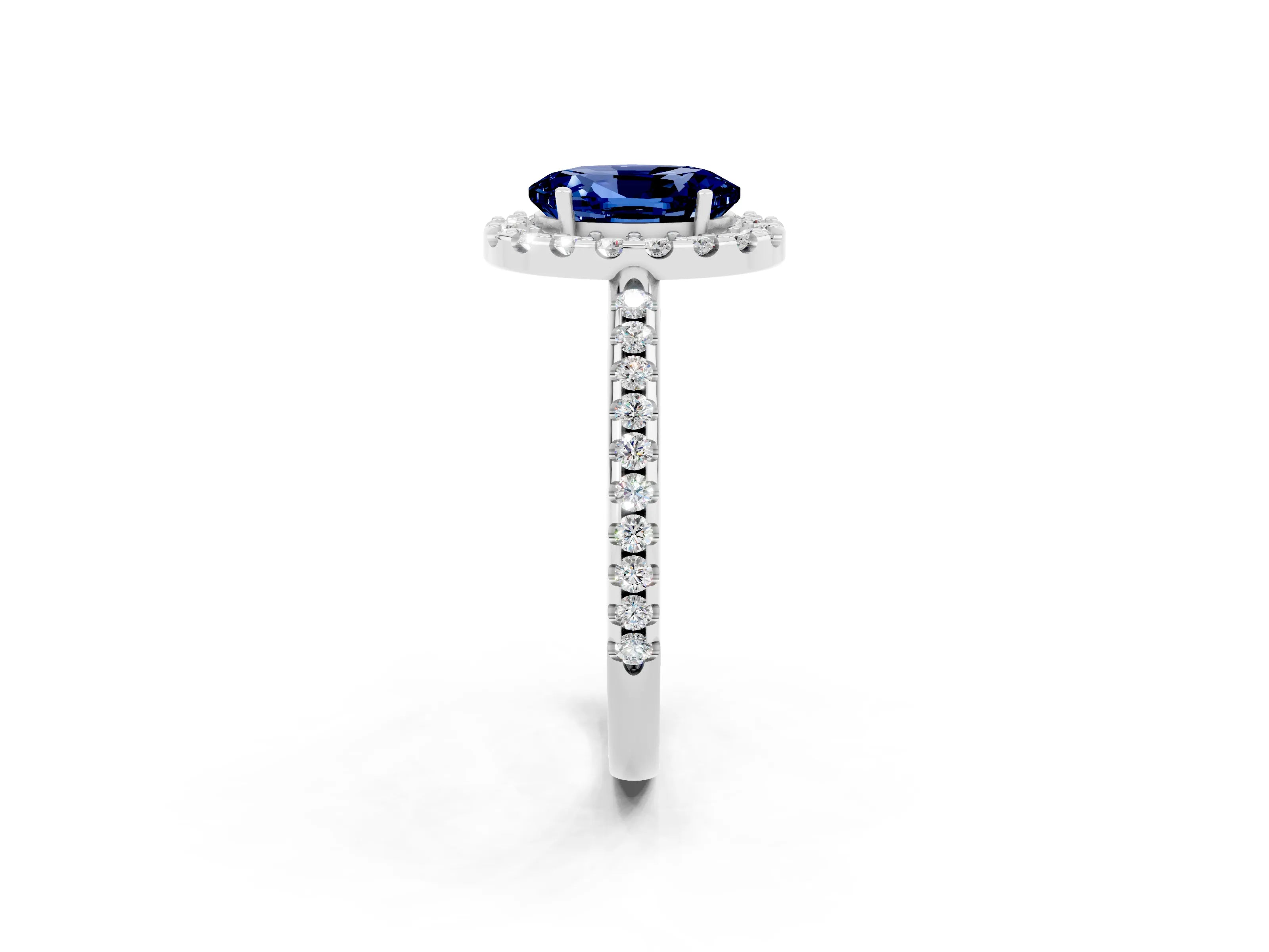 White gold Oval Cut Blue Sapphire Pavé Halo Ring with Four-Prong Setting_14